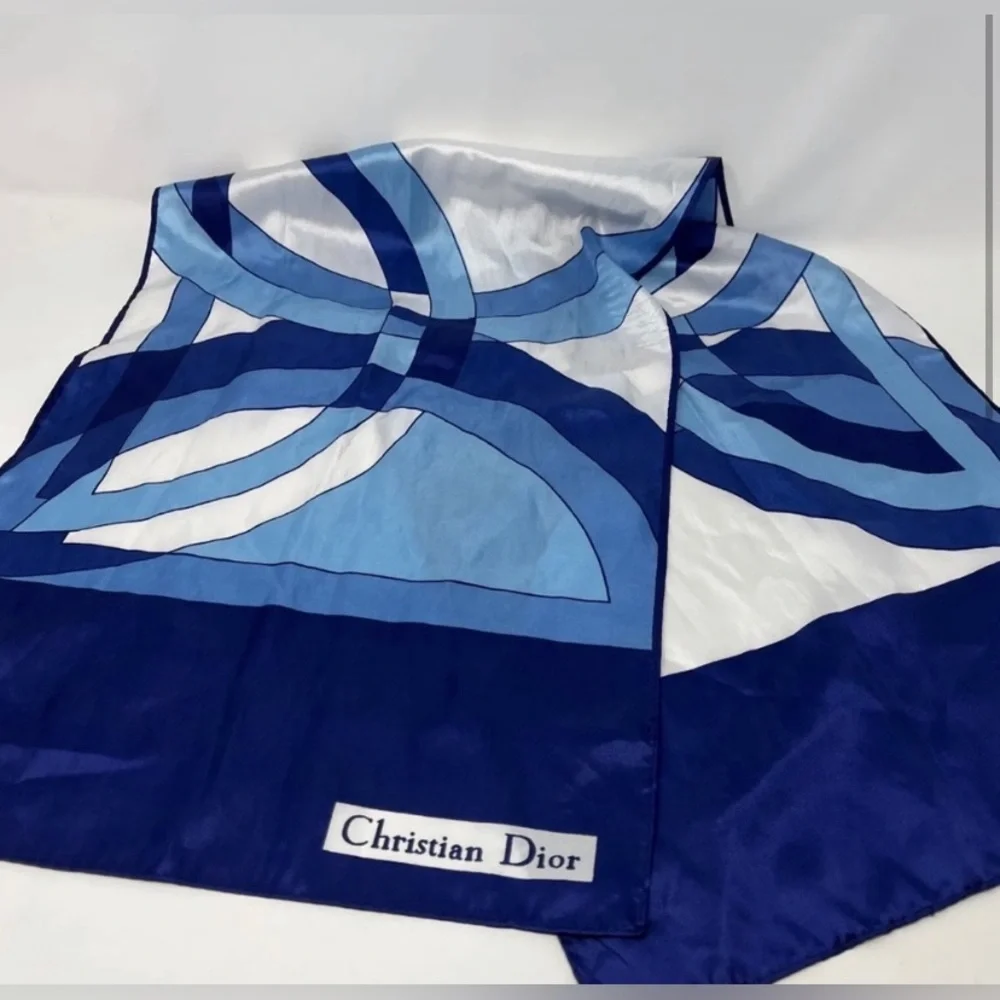 Vintage Christian Dior Satin Scarf Blue White Geometric Rectangular 43